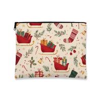 Borsa per il trucco con slitta natalizia, borsa da viaggio vintage per cosmetici, da donna, piccola borsa portatile in tela con cerniera, borsa da toilette per la cura della pelle, Rosso, 7x9 Inch
