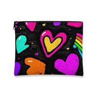 Borsa per il trucco con stampa a cuore, borsa da viaggio colorata a tema amore, per donne, piccola borsa portatile in tela con cerniera, regalo per festival e vacanze, nero, 7x9 Inch, Cuori