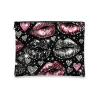 Borsa per il trucco con stampa a labbra, borsa da viaggio per cosmetici con motivo bacio nero per donne, piccola borsa portatile in tela con cerniera, borsa da toilette regalo per San Valentino, nero