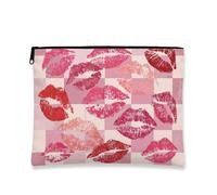 Borsa per il trucco con stampa bacio, borsa da viaggio per cosmetici con motivo a labbra color pesca per donne, piccola borsa portatile in tela con cerniera, borsa da toilette per San Valentino, Pesca
