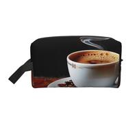 Borsa per il trucco con stampa di caffè caldo con chicco di caffè, borsa cosmetica portatile da viaggio di grande capacità, borsa da toeletta organizer da donna