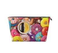 Borsa per il trucco con stampa di ciambelle e caffè per donna borsa da toilette da viaggio in pelle impermeabile per articoli da toeletta borsa cosmetica, Argento, Taglia unica, Beauty case