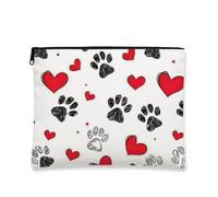 Borsa per il trucco con stampa di cuore e zampa, graziosa borsa da viaggio per cosmetici, da donna, piccola borsa portatile in tela con cerniera, per gli amanti degli animali, bianco, 7x9 Inch