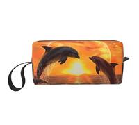 Borsa per il trucco con stampa di delfini al tramonto, semplice borsa per cosmetici da viaggio, impermeabile, borsa da toilette organizer per donne, mamme e ragazze
