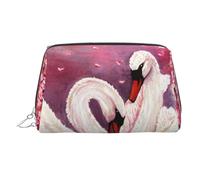 Borsa per il trucco con stampa di due uccellini, da donna, in pelle, portatile, da viaggio, con cerniera, colore: argento, Cigni bianchi con albero floreale rosa, One Size, Astuccio per trucchi