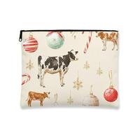 Borsa per il trucco con stampa di mucca, borsa da viaggio per cosmetici da donna, piccola borsa portatile in tela con cerniera, borsa da toilette natalizia per la cura della pelle, Crema, 7x9 Inch