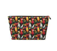 Borsa per il trucco con stampa di pappagallo rosso con piante tropicali, borsa da toilette da viaggio per donne, graziosa custodia organizer per trucchi in pelle