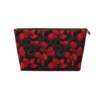 Borsa per il trucco con stampa di serpente con fiore nero e rosso, borsa da toilette da viaggio per donne, graziosa borsa organizer per trucco in pelle