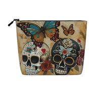 Borsa per il trucco con stampa di teschi di zucchero e farfalla borsa cosmetica per le donne grande capacità borsa da viaggio con cerniera