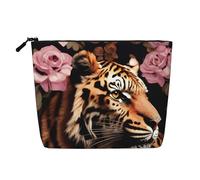 Borsa per il trucco con stampa di tigre leopardata con stampa floreale rosa carina borsa cosmetica da donna borsa per trucco da viaggio borsa da toilette per signora, Nero , Taglia unica