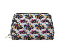 Borsa per il trucco con stampa di trattore ad acquerello blu e rosa, borse per cosmetici da viaggio per donne, custodia per trucco in pelle di grande capacità, organizer per trucchi, graziosa custodia