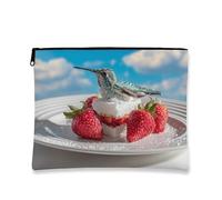 Borsa per il trucco con stampa di uccelli e fragole, borse da viaggio per cosmetici con design colibrì per donne, piccola borsa portatile con cerniera in tela, organizer per articoli da toeletta