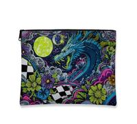 Borsa per il trucco con stampa drago, blu fantasia cosmetica da viaggio per donne, piccola borsa portatile in tela con cerniera, organizer per articoli da toeletta regalo festival, Blu, 7x9 Inch