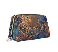 Borsa per il trucco con stampa floreale blu con fiore dorato Borsa da toilette versatile portatile Borsa cosmetica di grande capacità per le donne, bianco, Taglia unica, Beauty case