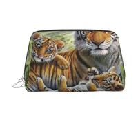Borsa per il trucco con stampa leopardata per le donne borsa portatile in pelle per trucco borsa da viaggio organizer per cosmetici, cerniera argento, Jungle Tigers Cub, One Size, Astuccio per trucchi