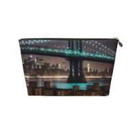 Borsa per il trucco con stampa notturna del ponte di New York per le donne borsa da toilette da viaggio in pelle impermeabile per articoli da toeletta borsa cosmetica, Oro, Taglia unica, Beauty case