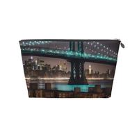 Borsa per il trucco con stampa notturna del ponte di New York per le donne borsa da toilette da viaggio in pelle impermeabile per articoli da toeletta borsa cosmetica, Argento, Taglia unica, Beauty