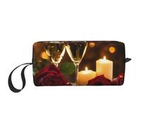Borsa per il trucco con stampa romantica con rose rosse e vino, borsa per cosmetici resistente, borsa da viaggio per il trucco, regalo essenziale per donne e uomini, bianco, Taglia unica