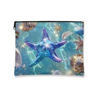 Borsa per il trucco con stella marina oceanica, borsa da viaggio blu nautica per donne, piccola borsa portatile in tela con cerniera, regalo da spiaggia per la cura della pelle, Blu, 7x9 Inch, Stella