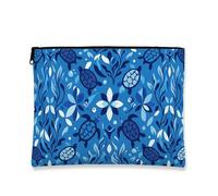 Borsa per il trucco con tartaruga blu, borsa da viaggio per cosmetici con motivo floreale, organizer portatile in tela con cerniera, borsa da toilette estiva per la cura della pelle, Blu, 7x9 Inch
