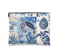 Borsa per il trucco con tartaruga oceanica, motivo creature oceaniche, borsa da viaggio vintage per donne, piccola borsa portatile in tela con cerniera, regalo da spiaggia per la cura della pelle, Blu