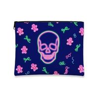 Borsa per il trucco con teschio al neon, divertente motivo pan di zenzero, borsa da viaggio per donne, piccola borsa portatile in tela con cerniera, borsa da toeletta per festival di Halloween, Navy