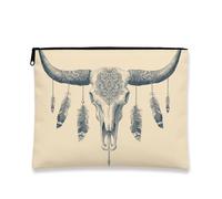 Borsa per il trucco con teschio bohémien, vintage, tribale, con teschio di mucca, borsa da viaggio per donne, piccola borsa portatile in tela con cerniera, regalo per festival e articoli da toeletta