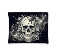 Borsa per il trucco con teschio gotico e crisantemo celeste, nero, 17,8 x | Motivo floreale gotico, borsa cosmetica, sfondo stellato celeste, accenti di ragno spettrale, illustrazione botanica scura