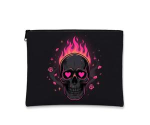 Borsa per il trucco con teschio gotico romantico e occhi, nero, 17,8 x 22 | Romanticismo gotico, borsa cosmetica, fiamme pesca al neon, occhi a forma di cuore, accenti di petali di rosa