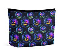 Borsa per il trucco con teste di zucca colorate al neon di Halloween, in PU, da viaggio, impermeabile, con cerniera, per articoli da toeletta da donna, 6,8x5,9 pollici