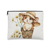Borsa per il trucco con topo, borsa da viaggio per cosmetici con crisantemo floreale, per donne, piccola borsa portatile in tela con cerniera, borsa da toilette regalo primaverile, bianco, 7x9 Inch