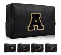 Borsa per il trucco con toppe lettera iniziale, borsa cosmetica in chenille preppy e portatile con cerniera, borsa da toilette da viaggio in pelle PU impermeabile con monogramma per donne e ragazze (l