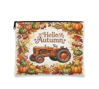 Borsa per il trucco con trattore autunnale, borsa per cosmetici rustica vintage da donna, organizer portatile in tela con cerniera, borsa da toilette per la cura della pelle autunnale, Arancione, 7x9