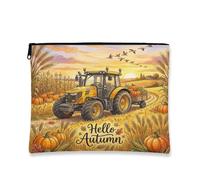 Borsa per il trucco con trattore autunnale, borsa per cosmetici vintage con zucca gialla, organizer portatile in tela con cerniera, borsa da toilette per la cura della pelle autunnale, Giallo, 7x9