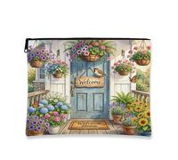 Borsa per il trucco con uccellino passero, grazioso vaso di fiori di benvenuto da donna, borsa da viaggio portatile piccola in tela con cerniera, borsa da toilette floreale, 17,8 x 22,9 cm