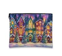 Borsa per il trucco con villaggio invernale, borsa da viaggio per cosmetici, da donna, portatile, piccola in tela con cerniera, borsa da toilette natalizia per la cura della pelle, Multicolore, 7x9