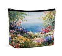 Borsa per il trucco con vista sull'oceano e sentiero floreale, organizer da viaggio per articoli da toilette, pochette cosmetica per donna, regalo di compleanno per mamma, ragazze, donne e sorelle.