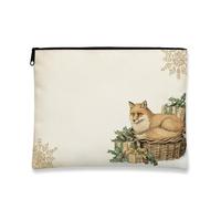 Borsa per il trucco con volpe, borsa da viaggio vintage per cosmetici, da donna, piccola borsa portatile in tela con cerniera, borsa da toilette natalizia per la cura della pelle, Beige, 7x9 Inch