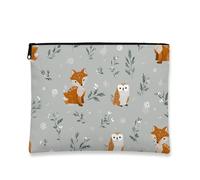 Borsa per il trucco con volpe e gufo, graziosa borsa da viaggio per cosmetici, da donna, piccola borsa portatile in tela con cerniera, borsa da toilette invernale per la cura della pelle, Grigio, 7x9