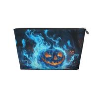 Borsa per il trucco con zucca di Halloween e fantasma con fiamma blu, borsa per cosmetici da viaggio, borsa per il trucco da donna, borsa per il trucco in pelle, graziosa borsa per il trucco, Argento