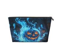Borsa per il trucco con zucca di Halloween e fantasma con fiamma blu, borsa per cosmetici da viaggio, borsa per il trucco da donna, borsa per il trucco in pelle, graziosa borsa per il trucco, Oro, One