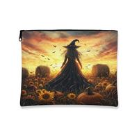 Borsa per il trucco con zucca strega, borsa da viaggio per cosmetici autunnale da donna, organizer portatile in tela con cerniera, borsa da toilette per la cura della pelle autunnale, 17,8 x 22,9 cm