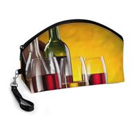 Borsa per il trucco curva con stampa di uve, bottiglie di vino e bevande per donne e ragazze, pennelli per il trucco, accessori per la cura della pelle e la bellezza.