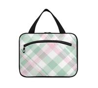 Borsa per il trucco da appendere a quadri verde menta e rosa con scomparti con gancio, borsa cosmetica impermeabile carina di design per donna viaggio maleta para maquillaje L