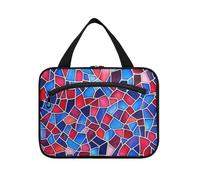 Borsa per il trucco da appendere con motivo geometrico rosso e blu in vetro colorato grande da viaggio con gancio, kit da toeletta espandibile di design per donne in viaggio vacanza maleta para