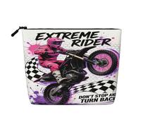Borsa per il trucco da donna a quadri bianchi e neri, ideale per viaggi e tempo libero, con cerniera e design ispirato al mondo delle moto da cross.