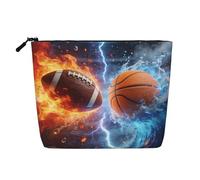 Borsa per il trucco da donna a tema sportivo Fuoco e Acqua, Calcio e Basket, Borsa da viaggio portatile con cerniera, Organizer