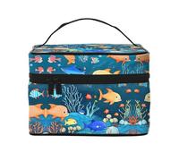 Borsa per il trucco da donna blu subacquea World of Fish di grande capacità, borsa portatile da viaggio (22,9 x 16,5 x 15,7 cm) borsa per trucco per ragazze grande borsa per il trucco