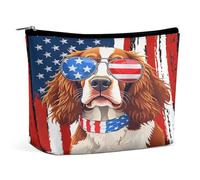 Borsa per il trucco da donna con bandiera americana e cane Brittany Spaniel, borsa da viaggio in pelle PU resistente all'acqua con cerniera