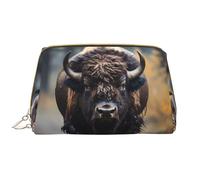 Borsa per il trucco da donna con bisonte nordamericano, grande capacità, borsa da viaggio in pelle PU con cerniera, organizer portatile e aperto